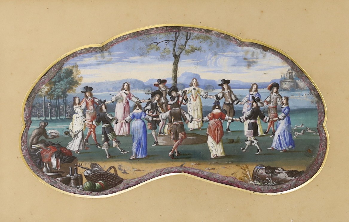 Early 18th century Flemish School, gouache, Figures dancing in a coastal landscape, cartouche shaped, 14 x 26cm